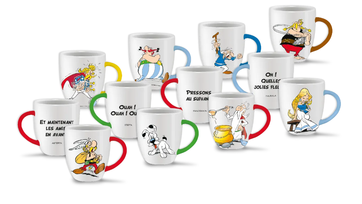 Mugs Astérix, Obélix, Idéfix, Panoramix, Falbala, Assurancetourix, Agecanonix, Ordralphabétix